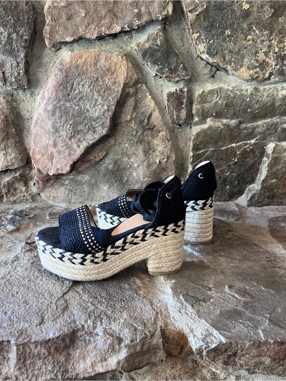Castaner Black Woven Espadrille Platform Sandal with Ankle Tie